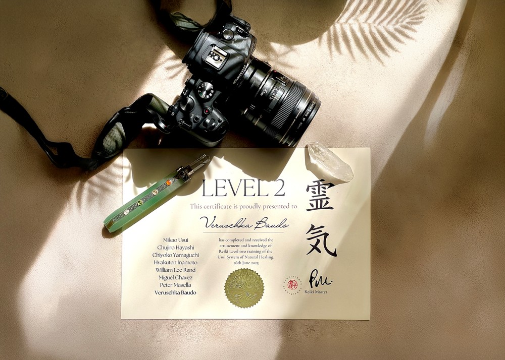 Camera with reiki practitioner certification and crystal