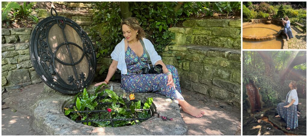 Retreat photographer Veruschka Baudo at Chalice Well, sitting beside the well and meditating at the sacred Red Spring in Glastonbury