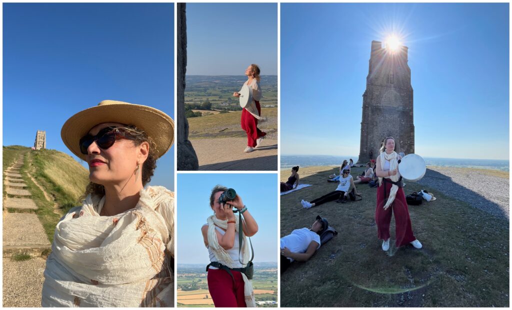 Retreat photographer Veruschka Baudo playing a frame drum and photographing the sacred landscape at Glastonbury Tor