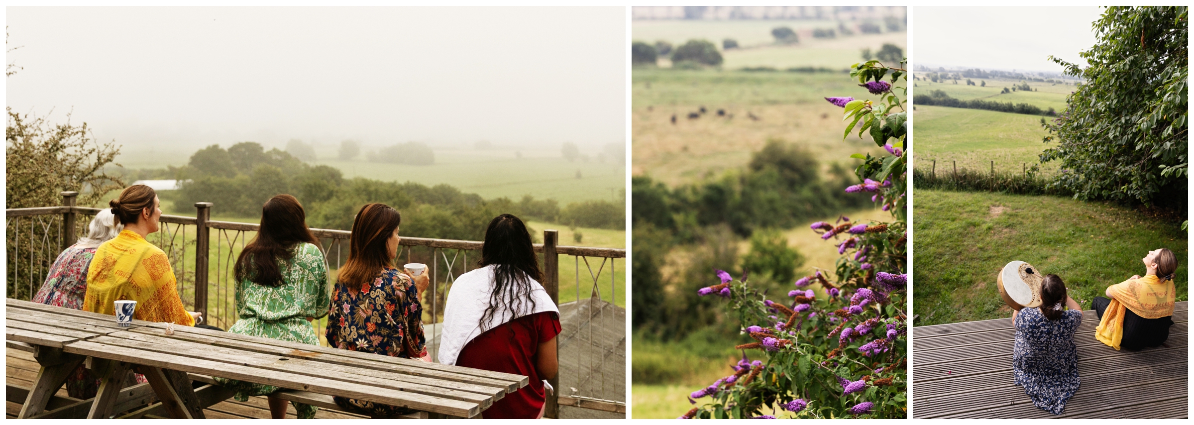 Women sitting on an outdoor deck overlooking the hills during an Avalon retreat pilgrimage