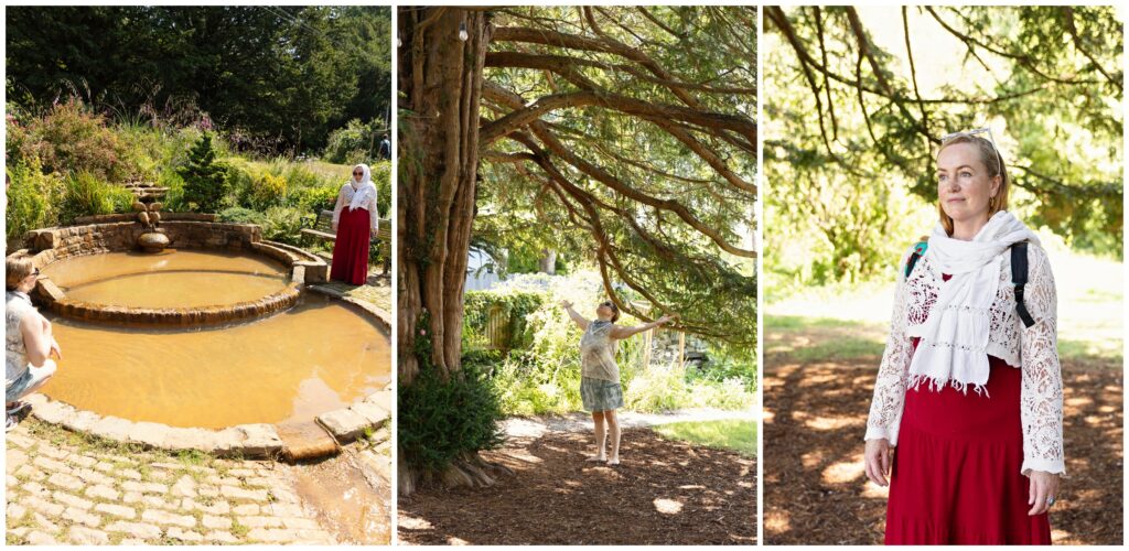 Women contemplating the Vesica Pisces symbol and trees at Chalice Well in Glastonbury during a spiritual retreat