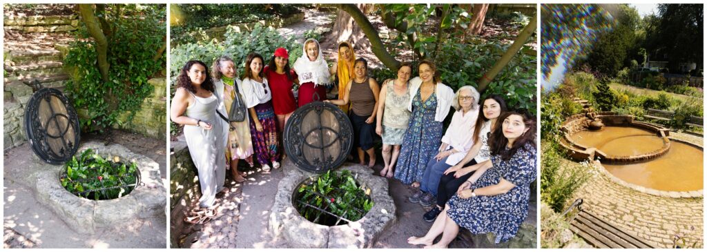 Women gathered around the ancient well cover and Vesica Pisces at Chalice Well in Glastonbury