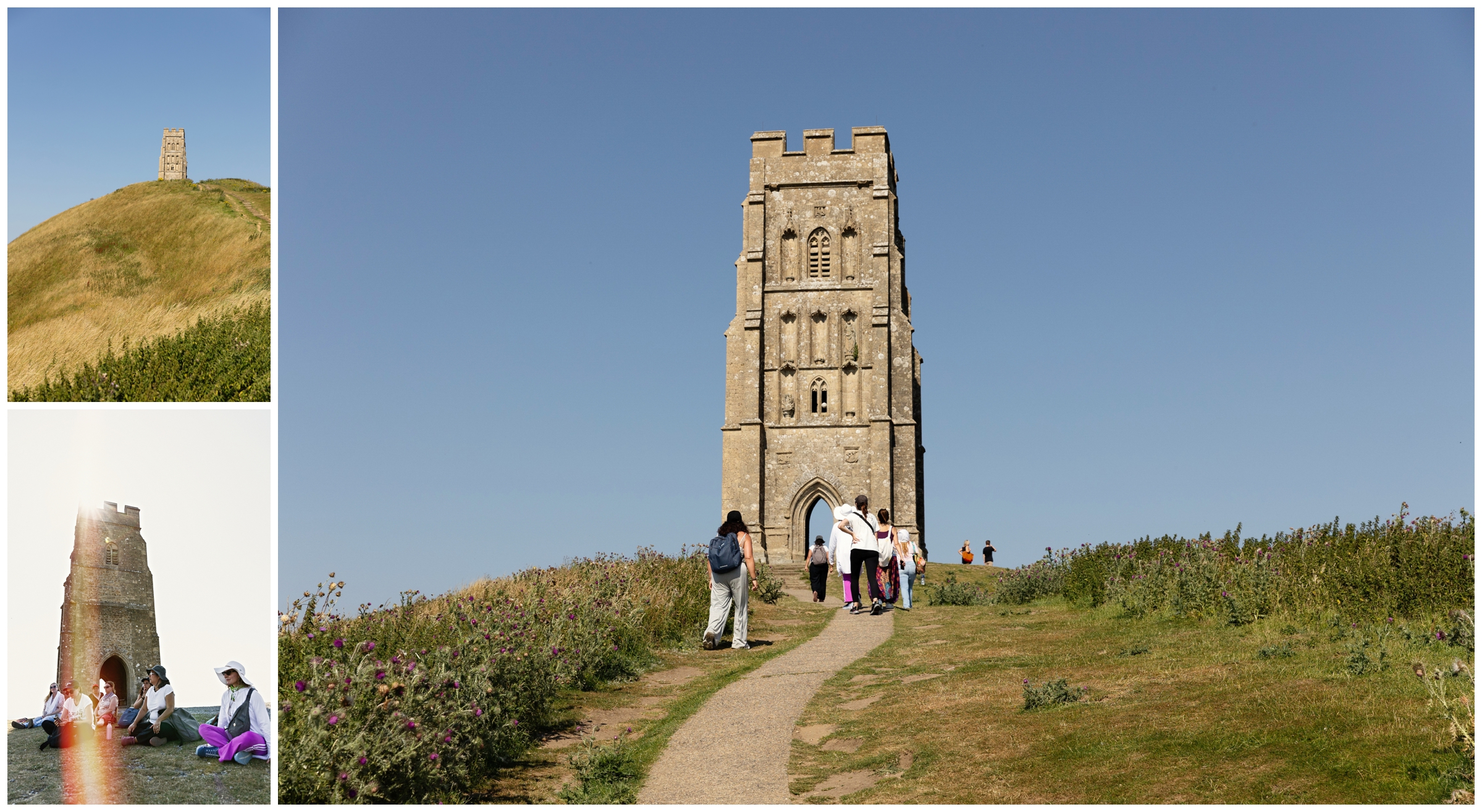A group climbing the Glastonbury Tor during a summer spiritual journey in Somerset.