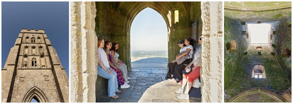 Chakra meditation session inside the ruins of St Michael's Tower at Glastonbury Tor