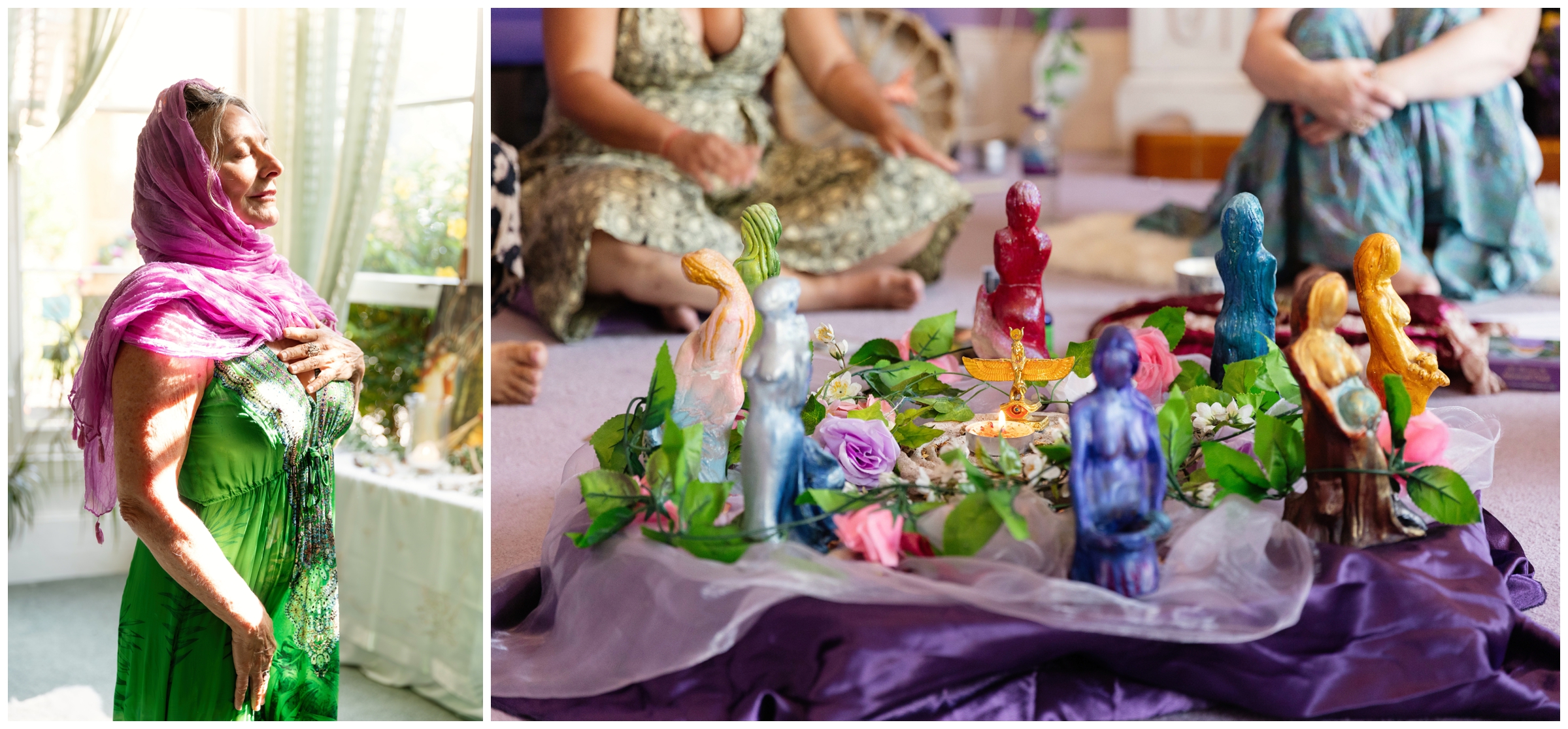 Woman meditating at Goddess House in Glastonbury and altar with Goddess statues and flowers during a ceremony