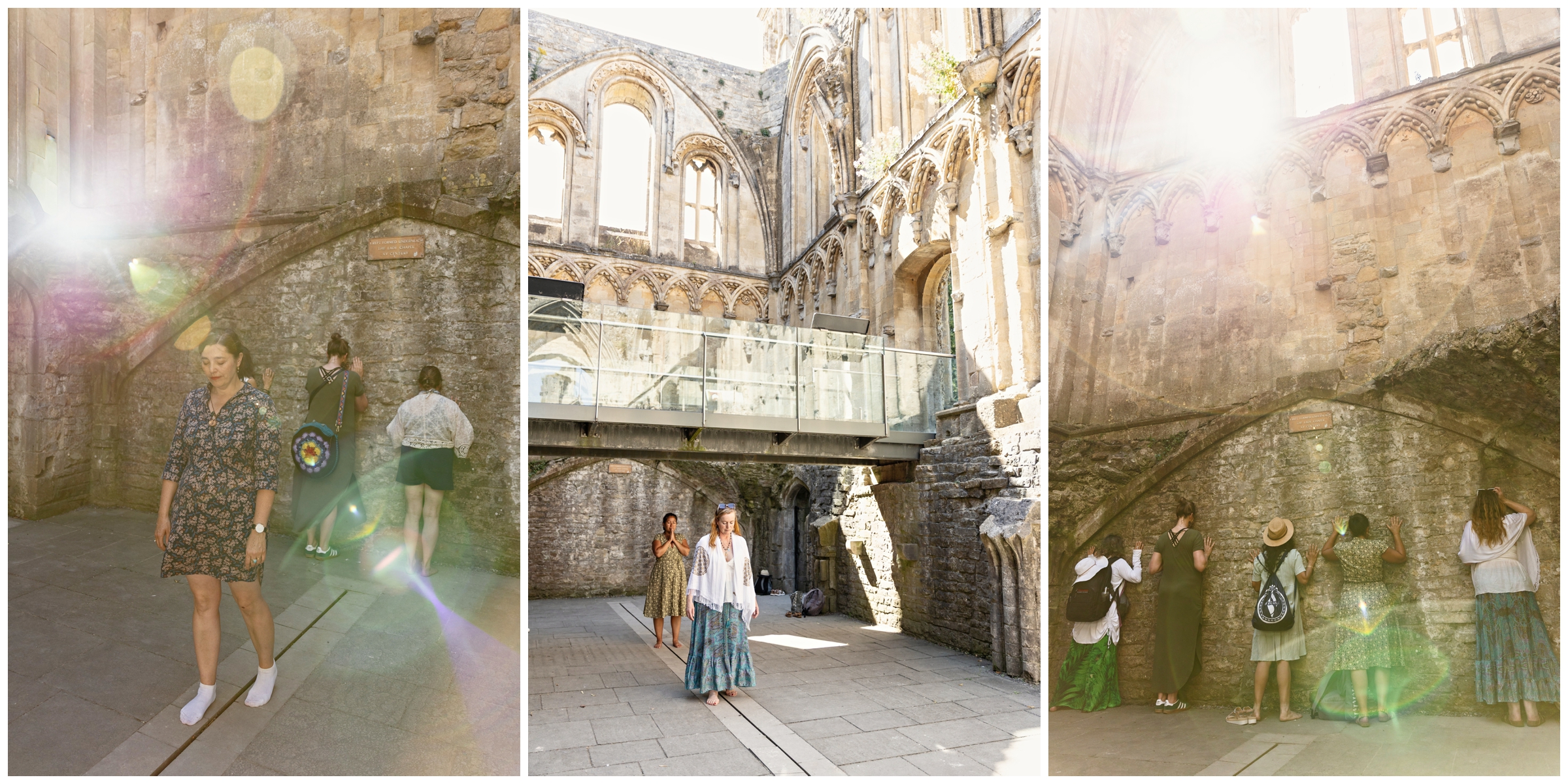 Women meditating with orbs inside the Lady Chapel at Glastonbury Abbey, connecting with the Michael and Mary ley lines