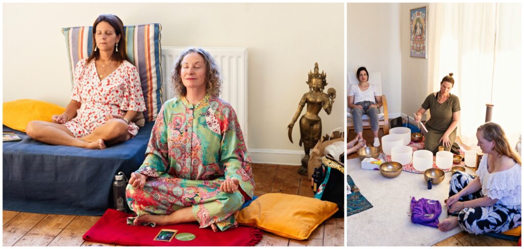 Women practicing meditation and sound healing during a wellness retreat in Glastonbury