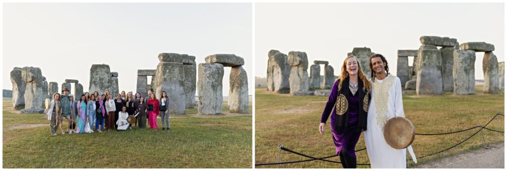 Happy group portrait of women and men at Stonehenge at sunrise during a spiritual retreat