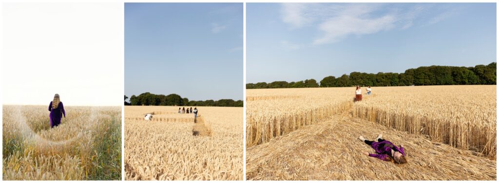 Spiritual retreat group exploring a geometric crop circle formation in a Somerset field, walking and lying within the pattern