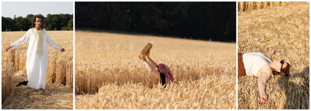 Shaman standing in a crop circle formation, woman holding a drum towards the sun and woman lying within the crop circle in Somerset