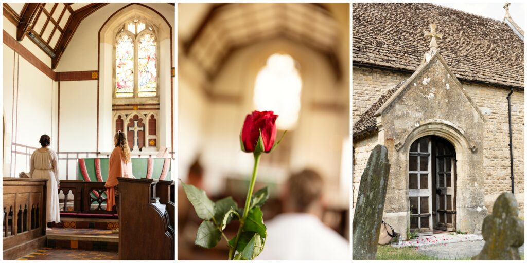 Priestess and women praying at the altar of St Mary Magdalene Church in Winterbourne Monkton with a sacred feminine red rose offering