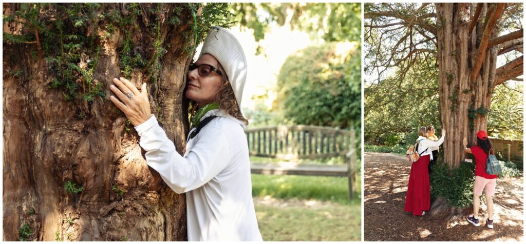 Women embracing the trees at Chalice Well in Glastonbury during a spiritual retreat