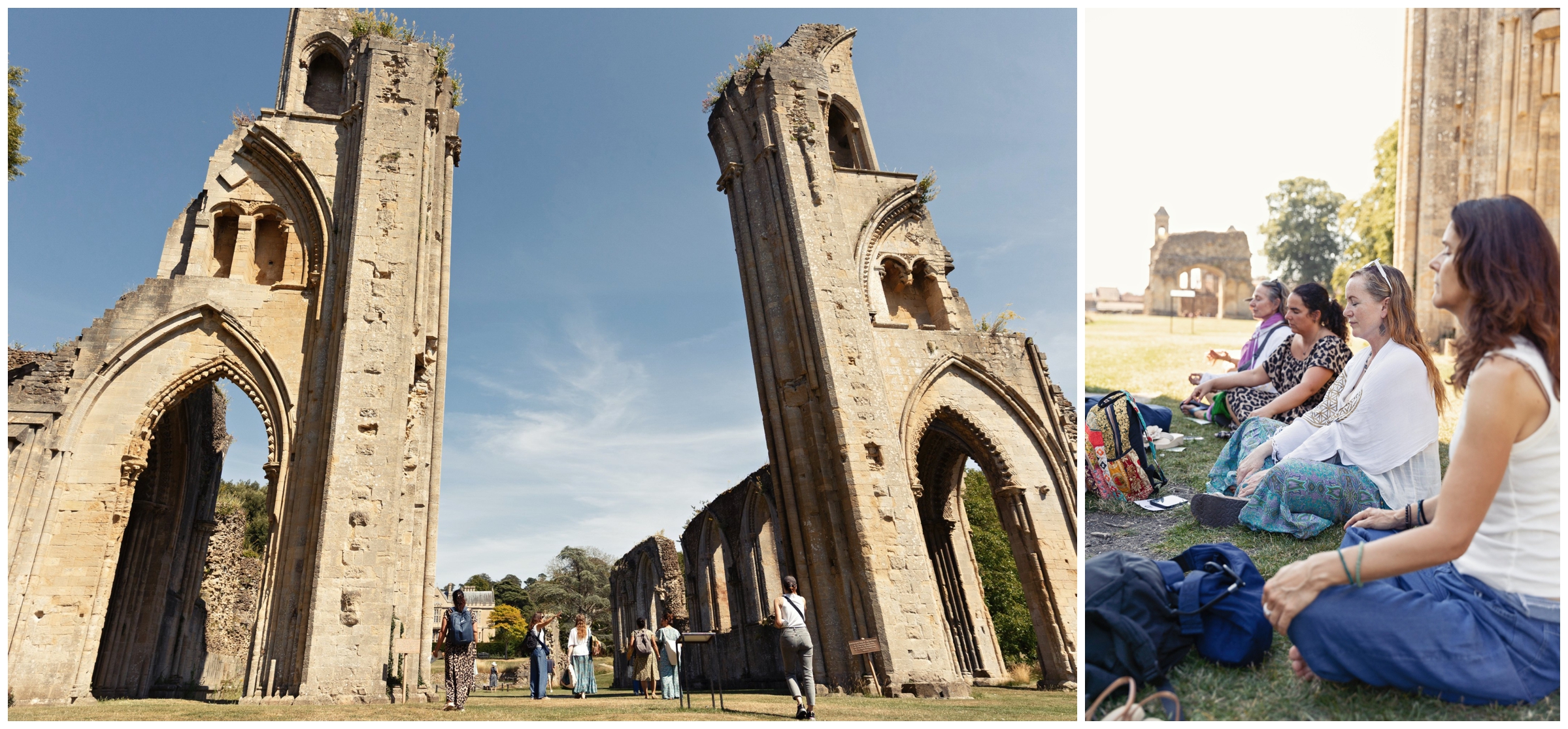 Women gathered in a meditation circle beside the ruins of Glastonbury Abbey in Somerset