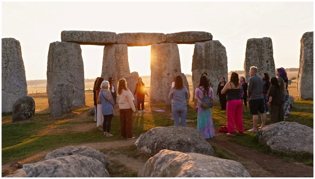 Woman Priestess illuminated by an orb during a sunrise ceremony inside the Stonehenge stone circle