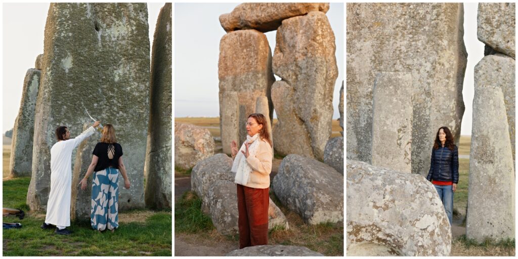 Shaman performing energy healing with a feather beside a stone, and women meditating inside the Stonehenge circle